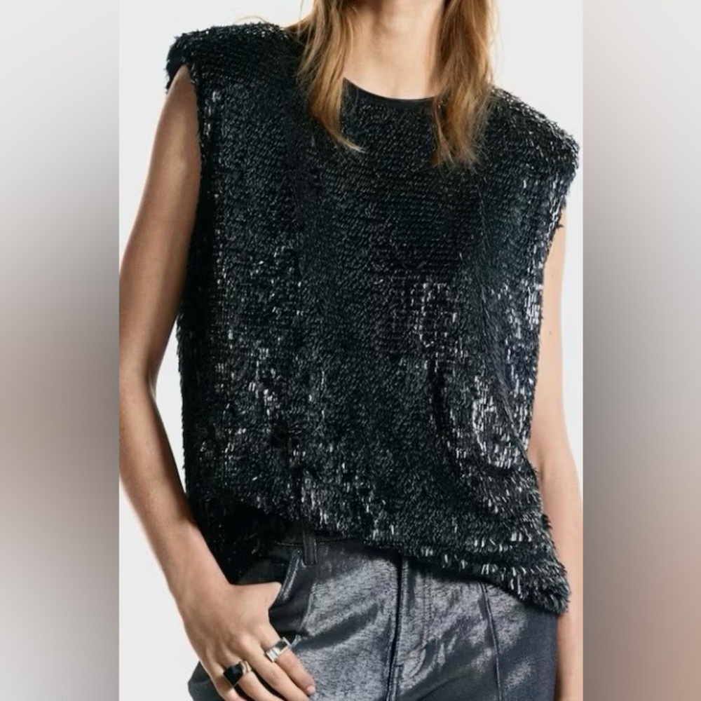 H&M Chic Black SEQUINED TOP WITH SHOULDER PADS Top XXL